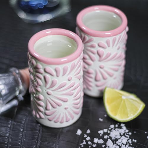 Image of Talavera Shot Glasses Set of 4 Authentic Mexican Tequila Shot Glasses - Hand-painted - 2 Oz (Pink Brushstroke White Background)