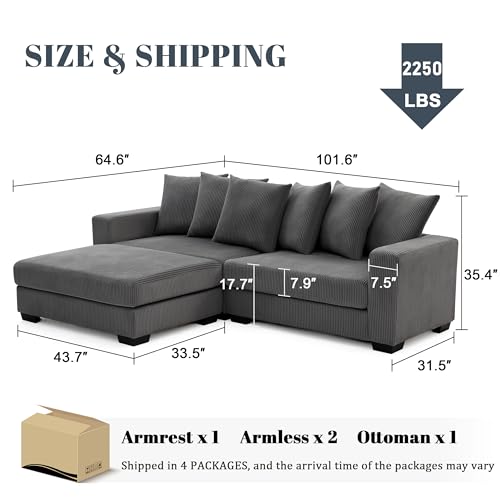Mangodan 101.6\" Deep Seat Modular Sectional Sofa, Thickened Corduroy Sectional Couches for Living Room, Comfy L-Shaped Upholstered Cloud Couch with Chaise, Widened Armrests for 4 People, Dark Grey