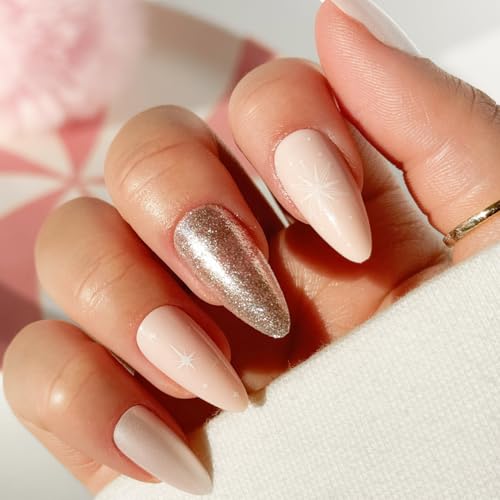 CALA Glam Couture Press On Nails, Medium Almond, Glitter Stars Design, 24-Piece Nail Kit with Glue, Durable, Chip-Resistant, Customizable Artificial Nails for All Hand Sizes