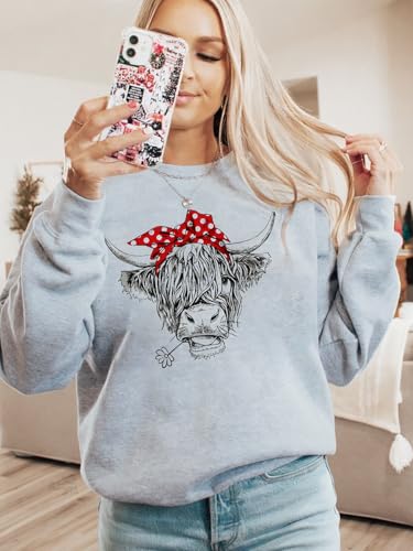 Women Highland Cow Sweatshirt Cute Cowgirl Gift Christmas Farm Sweatshirt Ribbon Long Sleeve Shirts