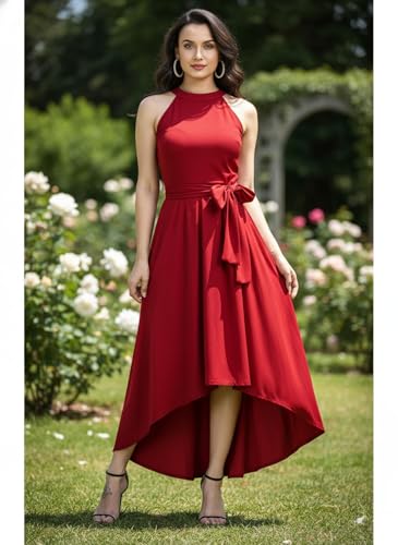Image of Women Fit & Flare High Low Midi Dress | Sleeveless Round Neck One Piece Dress with Waist Tie Detail | Flowy Western Dress for Party and Casual Styling