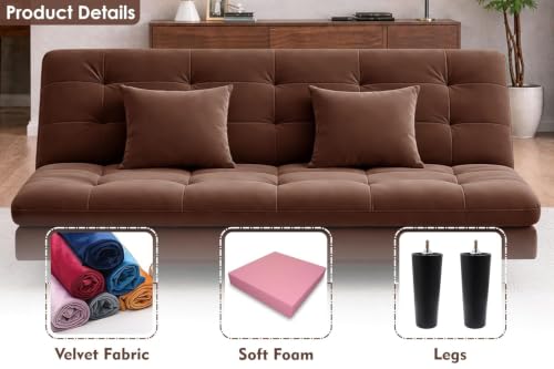 Image of Rosebell Modern Wooden 3-Seater Sofa Cum Bed Foldable Velevt Fabric Sofa for Living Room, Guest Room & Office-Brown-Color
