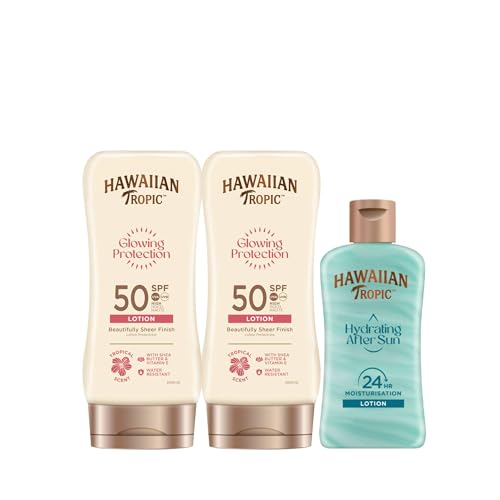 Hawaiian Tropic Glowing Protection Ultra Radiance - Loción Solar Protectora SPF 30, Protege la Piel, Crema 180 ml (Paquete de 2) + Loción After Sun Hidrating Protection Formato Viaje 100 ml