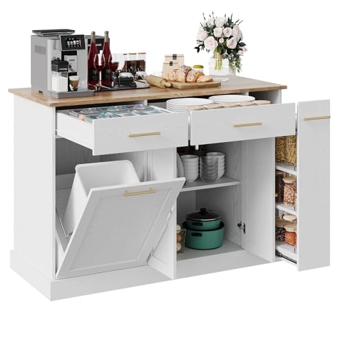 4 EVER WINNER Kitchen Island with Trash Can Storage, 52" Large Rolling Kitchen Island Cart with Pull Out Spice Rack, Portable Islands Table for Kitchen, White