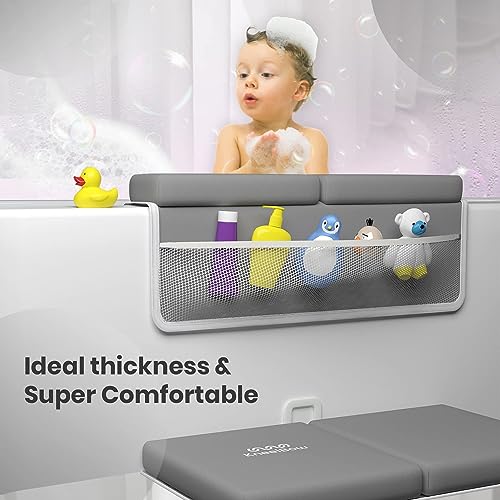 Image of Baby Bath Kneeler and Elbow Rest Pad 2 Pieces Set with 3 Spacious Pocket to Organize Baby Acessories, 1.5 inch Thick Non-Slip, Soft, Fast-Drying Foldable Toddler Bath (Grey)