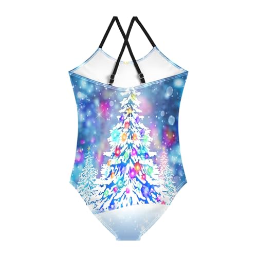 Snowy Christmas Tree Girls Swimming Suit, Beach Swim Suits Kids 3-10 Y with Adjustable Shoulder Strap, 3-10 Y2