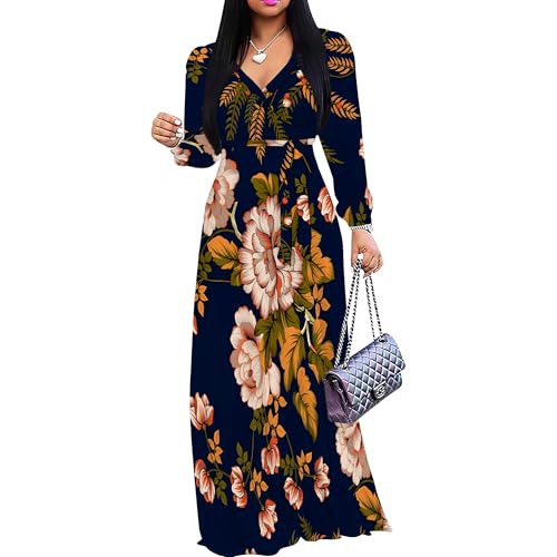 Image of Women Plus Size Long Sleeve V Neck Maxi Dress with Belt | Soft fabric relaxed fit three quarter sleeve v neck with pockets for party and daily wear