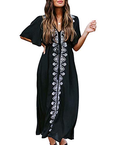Hoperay Plus Size Caftan Loungewear for Women Cover ups V Neck Short Sleeve Embroidered Black Turkish Kaftan Dresses