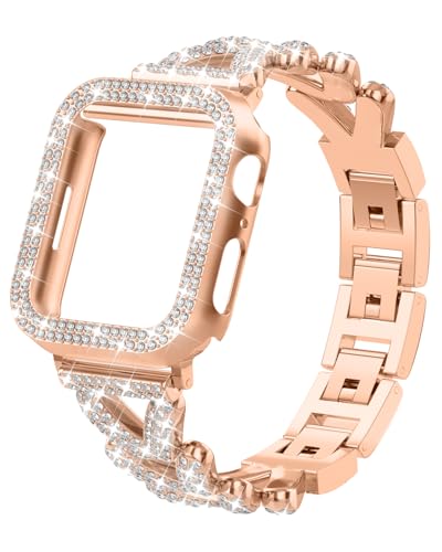 Image of Rhinestones Encrusted Metal Bracelet and Case, Compatible with Apple Watch Bands 38mm-49mm (Series 11 /1 /SE /Ultra 2)- Bling Gold Women's Jewelry Strap, Luxury iWatch Bracelet with Screen Protector