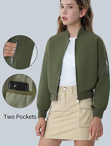 Mebius Girl's Cropped Bomber Jacket with Pockets Kids Classic Zip Up Flight Jackets Youth Casual Pilot Coat 6-12Y3