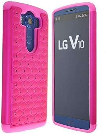 Studded Rhinestone Crystal Bling Case [Shockproof] Hybrid Armor [Dual Layer] Silicone Rubber Skin Hard Case Cover for LG V10 (Bling Hot Pink)