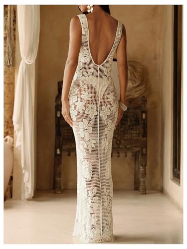 SHENHE Women's Sheer Swim Coverups Crochet Floral Maxi Dress Hollow Out Beach Cover Up Sundress2
