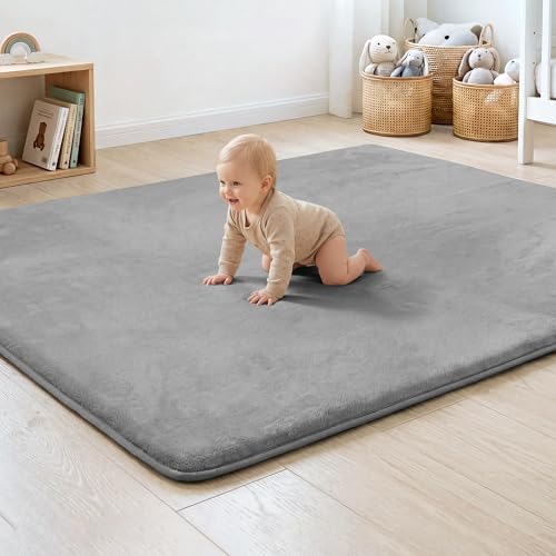 Image of 1.3 inch Thick Baby Play Mat 39x59 Memory Foam Play Mat, Light Grey | Baby Floor Play Mat Waterproof Easy Care with Non-Slip Tummy Time Play Mat for Nursery Playroom Classroom