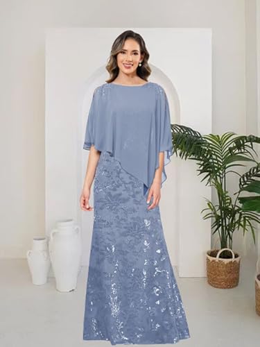 2 Pieces Chiffon Mother of Bride Dresses Lace Sequin Half Sleeve Long Wedding Guest Dress2