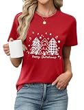 PASUDA Camiseta Mujer Manga Corta Camisetas Navidad Cuello Redondo Estampado T-Shirt Algodón Casual Navideñas Básica Tshirt Top (Rojo-2, XL)
