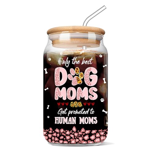 FIVITY Dog Mom Cup 16 Oz Can Glass with Bamboo Lid & Straw Funny Fur Mama Coffee Glass Mug Christmas...