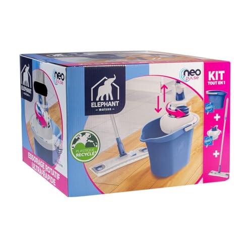 ÉLÉPHANT Maison - Kit Neo Pulse - pour Nettoyer Le Sol sans Effort Et sans Se Mouiller Les Mains - Essorage Rotatif Rapide - Très Absorbant - Plastique...