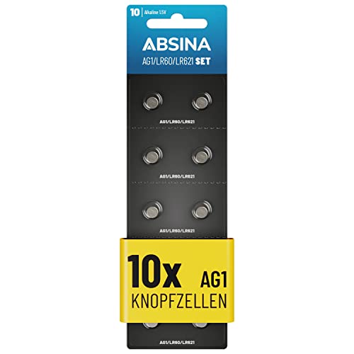 ABSINA AG1 LR621 Knopfzelle 10er Pack - 1,5V Alkaline Knopfzellen auslaufsicher & mit Langer Haltbarkeit - LR60 / SR60 / 1175S0 / 164/602 / 364 / V30 / SR621 - Knopfbatterien Batterien Batterie 1