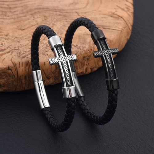 Pulsera de cuero trenzado con cruz para hombre y mujer miniatura 6