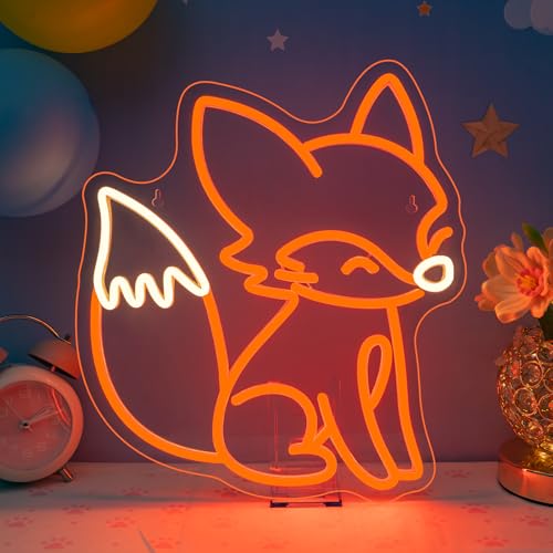 Image of Fox Neon Sign Animal Neon Light for Classroom Bedroom Living Room Fox Wall Decor Anime LED Sign Orange Light Up Library Nursery Book Store Birthday Gifts for Teens Animal Lovers