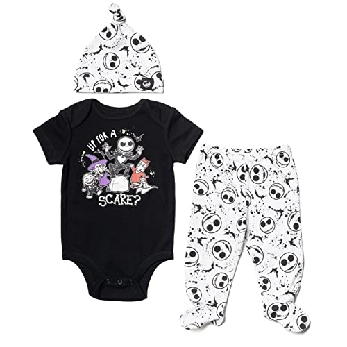 Image of Disney Nightmare Before Christmas Jack Skellington Zero Oogie Boogie Newborn Baby Boys 3 Piece Outfit Set: Bodysuit Pants Hat black/white 6-9 Months