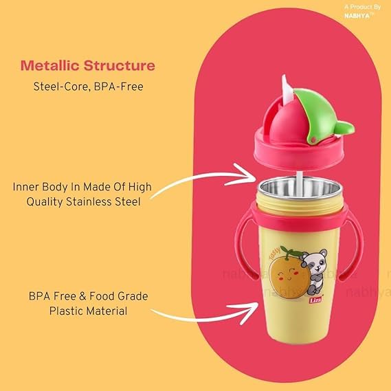 Zerya Hot & Cold Insulated Stainless Steel 360ml BPA-Free Cute Animal Design Baby Sipper Kids Water Bottle with Straw and Side Handle for Kids (Yellow) 2