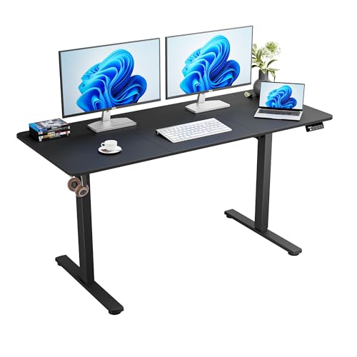 ERGOMAKER Electric Standing Desk 140x60cm (55.1x23.6) Height Adjustable Sit Stand Desk with Splice Board for Home Office Computer Desk Memory Preset (Black Frame + Black Desktop)