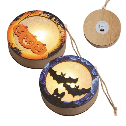 Luz de murciélago de calabaza de Halloween – Decoración iluminada de murciélago de calabaza de Halloween – Decoración navideña de madera a pilas para el hogar, dormitorio, escritorio, interior y