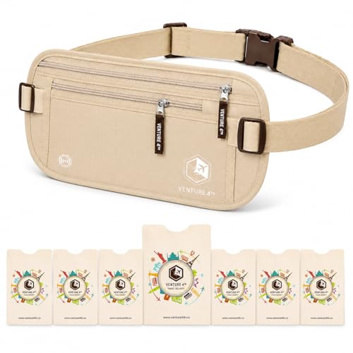 VENTURE 4TH RFID Money Belt for Travel with RFID Blocking Sleeves Slim Hidden Travel Wallet & Passport Holder for Men & Women Lightweight Anti-Theft Pouch to Protect Cash Cards & Documents - Beige