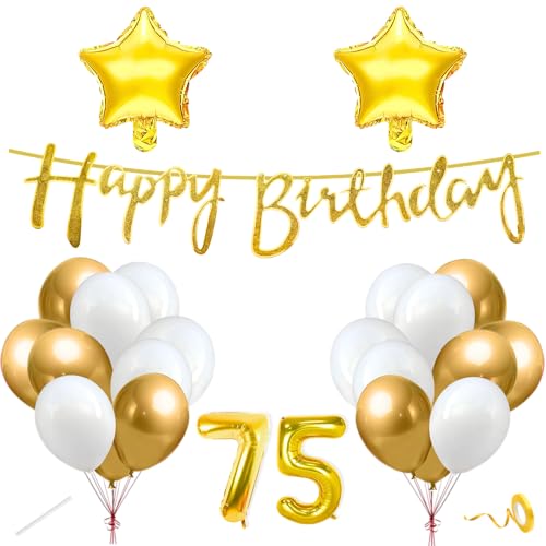 Image of Flyloons 75th Happy Birthday Decoration Kit Gold White for Boys Girls Men Women Adults With 20 Pcs Chrome Balloons Birthday Banner 2 Pcs Star Items Set Golden