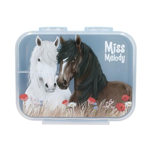 Depesche Miss Melody Dusty Rose 13398 Lunch Box in Light Blue with Horse Motif and Poppies, Lunch Box with 3 Compartments and Transparent Lid