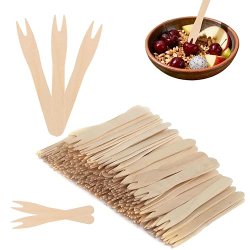 200 Stück Birke Gabeln, Pommesgabel, Einweg Pommesgabel, Holzgabeln Pommespieker, Naturholz Biologisch, Obst Holzgabeln, für Partys, Camping und Picknicks, Holzfarbe