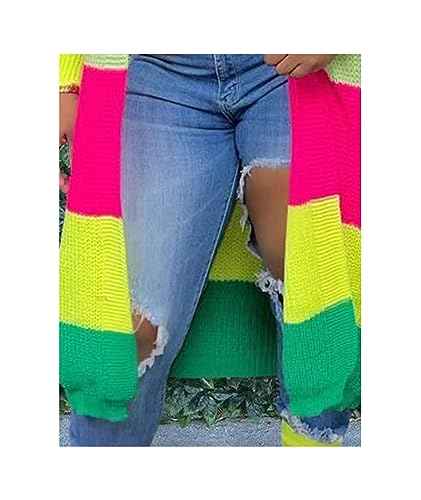 Image of SOMTHRON Women's Fall Cardigan Sweater Open Front Color Block Striped Knit Long Draped Coat Duster Outerwear