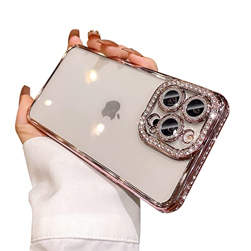 Image of Phone Case for iPhone 13 Pro Max Case with Sparkle Diamond Rhinestone Glitter Camera Len Protector,Crystal Bling Clear Cute Plating Phone Case Shockproof for iPhone 13 Pro Max 6.7''-Rose Gold