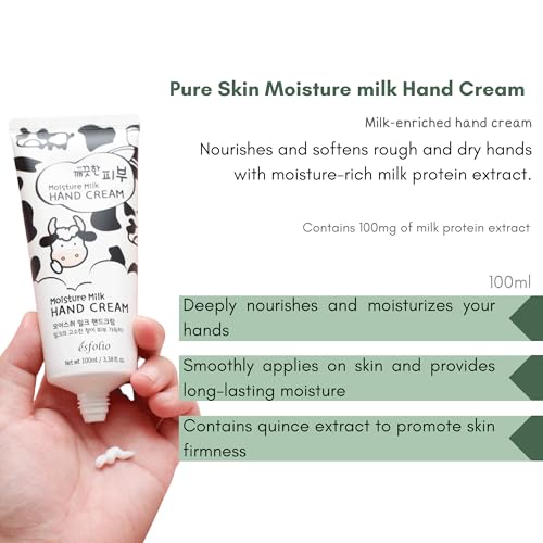 esfolio Pure Skin Moisture Milk Hand Cream – Hydrating & Nourishing Hand Moisturizer with Milk Protein Extract, Soften Dry Skin, Non-Greasy, Daily Moisturizer for Soft & Smooth Hands (3.38 OZ/100ML)