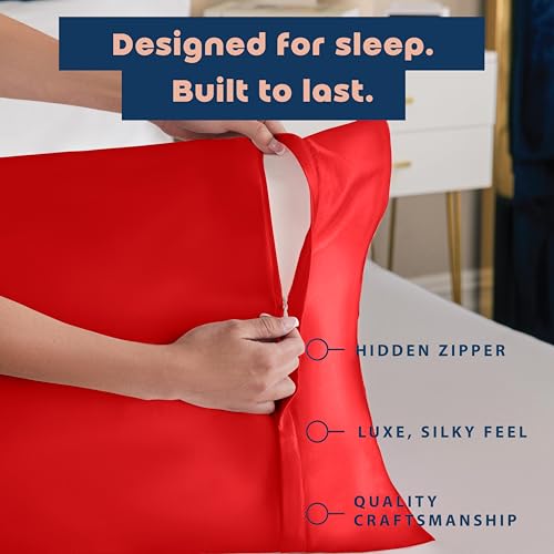 Image of BLISSFORD Satin Pillowcase with Zipper, for Hair and Skin Care, Feels Soft and Cool Like a Silk Pillowcase, Red Satin Pillow Cases Set of 2, Slik Pillow Cover, Standard Size - 2 Pack