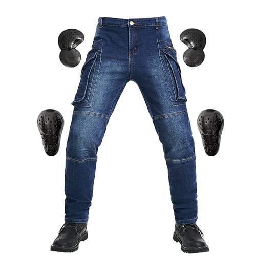 バイクパンツ メンズ バイクジーンズ プロテクター ライディングパンツ バイク用パンツ デニムパンツ プロテクター付き 多ポケットワークパンツ 通年 S-3XL (JP, アルファベット, 2XL, ブルー)