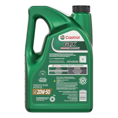 Image of Castrol GTX High Mileage 20W-50 Synthetic Blend Motor Oil, 5 Qt, Pack of 3