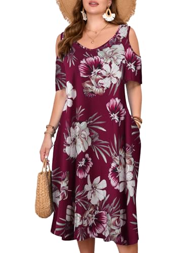 Image of LARACE Plus Size Women Dress for Summer, Midi Women's Sundress, Casual V-Neck Short Sleeve Flowy T-Shirt Dresses with Pockets