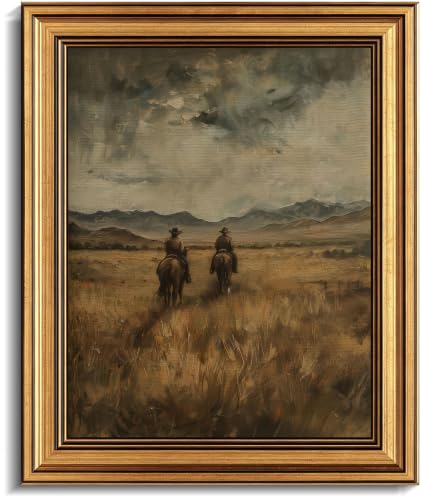 Image of Gold Framed 3D Textured Wall Art, Vintage Western Cowboy Horse Canvas Prints, Wild West Mountain Landscape Pictures Decor, Mid-Century Equestrian Gallery Artwork for Living Room Office 11x9 in