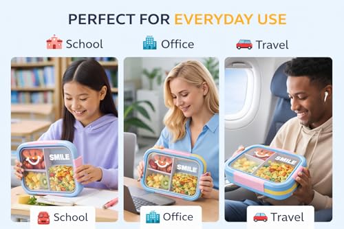 Image of Kids Bento Lunch Box with one Folding Spoon | Leakproof BPA-Free Tiffin Box for School | Cute Smile Design Food Storage Container for Boys & Girls