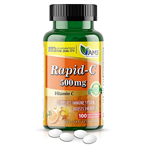 America Medic & Science Rapid-C 500mg Vitamin C Supplement (1 Pack of 100 Tablets) Energy Booster Daily Immune System Support Antioxidant | Vegan Non-GMO Coated Ascorbic Acid for Adult Men & Women