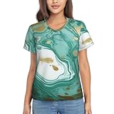Fashion Green Gold Marble Prints Damen Klassische Passform Kurzarm V-Ausschnitt T-Shirt Casual Atmungsaktiv Tee Sommer Basic Tops, 3D, XXL
