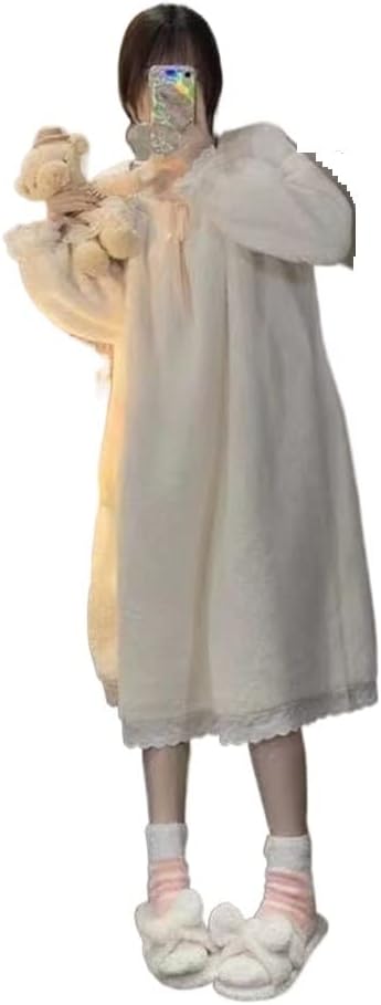 JSEIAJB White Winter Gown Coral Velvet Women's Pajamas Velvet Thickened Pajamas(Medium)