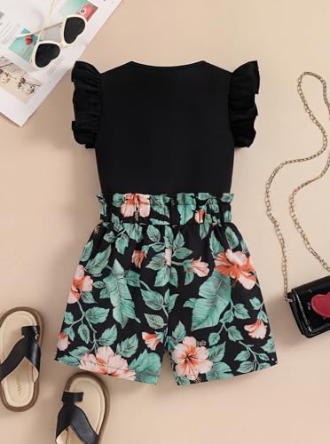Image of Girls 2 Piece Outfits Summer Ruffle Sleeve Top and High Waisted Striped Shorts Set for Girls 7-14