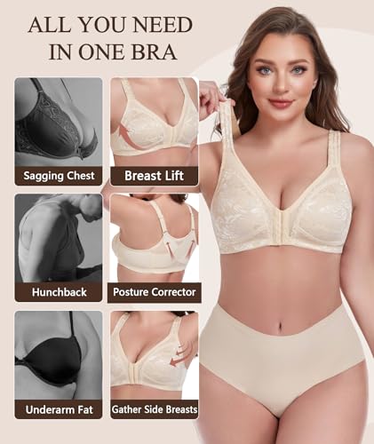 UPGAMR Front Closure Bras for Women Back Support Posture Bra(Beige,38D) - image 4