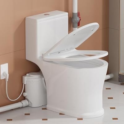 Upflush Toilet with Pump for Basement, 23ft Macerator Pump with 4 Inlets for Sink/Shower/Laundry Sewer Waste Water Disposal, One Piece Full Skirt Macerating Toilet, Nano-glaze Finished
