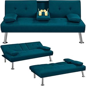 Yaheetech Linen Fabric Modern Sofa Bed Futon Couch Bed Folding Recliner Sleeper Reversible Loveseat Convertible Daybed, 2 Cup Holders, 3 Angles, 772lb Capacity, Removable Armrests, Aqua Blue