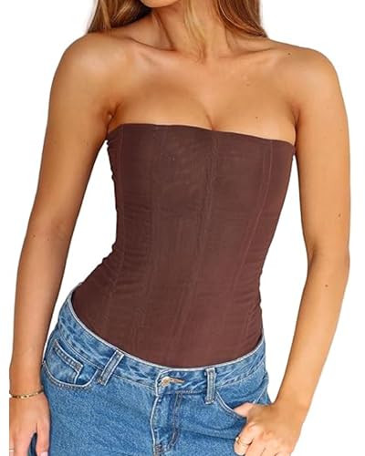 Women Y2k Strapless Bustier Corset Vintage Back Zip Sheer Mesh Boned Bodyshaper Tube Top Sexy Going Out Bandeau Bustier Tops (A-Dark Brown, L)
