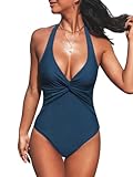 CUPSHE Damen Badeanzug Neckholder V Ausschnitt Twist Front Raffungen Figurformend Einteilige Bademode Swimsuit Dunkelblau L